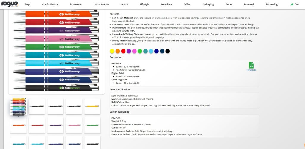 Example Of Product Page Of Pens With Options